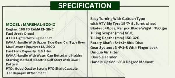 A 15HP 4-stroke 188FD Kama Diesel Engine Power Weeder Tiller is a versatile agricultural tool designed for efficient weed control and soil preparation. Equipped with a powerful diesel engine, it delivers ample power for demanding tasks. The electric start with a 36AH battery ensures easy ignition, even in cold conditions. A headlight provides visibility during low-light operations, while a body cover protects the machine from dust, dirt, and moisture. The 188FD model offers a robust and reliable performance, making it an ideal choice for farmers and gardeners seeking efficient and effective land management solutions.