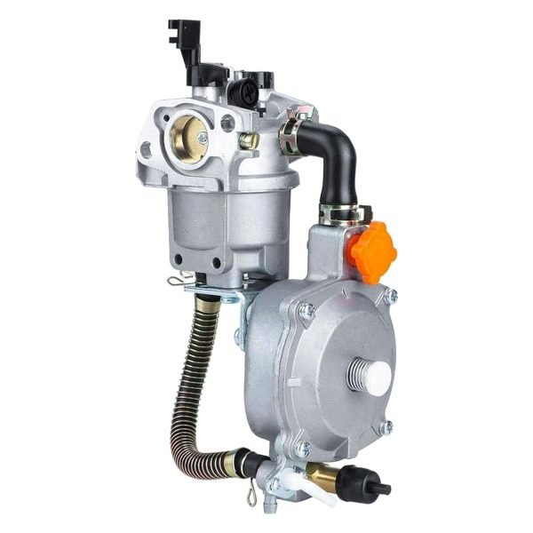 Dual fuel carburetor for generator, showing a device with multiple inlets and outlets, designed to switch between gasoline and LPG fuel sources for powering a generator.