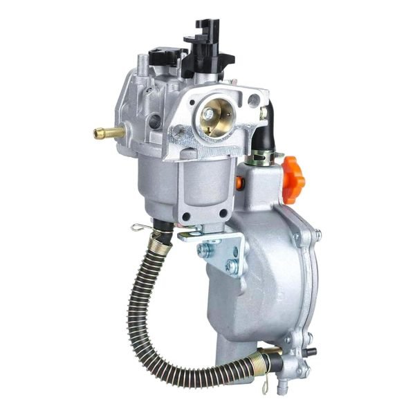 Dual fuel carburetor for generator, showing a device with multiple inlets and outlets, designed to switch between gasoline and LPG fuel sources for powering a generator.