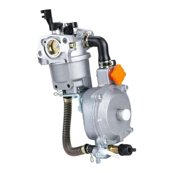 Dual fuel carburetor for generator, showing a device with multiple inlets and outlets, designed to switch between gasoline and LPG fuel sources for powering a generator.