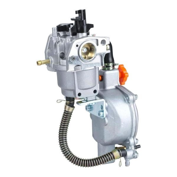 Dual fuel carburetor for generator, showing a device with multiple inlets and outlets, designed to switch between gasoline and LPG fuel sources for powering a generator.