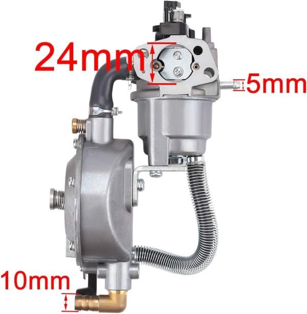 Dual fuel carburetor for generator, showing a device with multiple inlets and outlets, designed to switch between gasoline and LPG fuel sources for powering a generator.