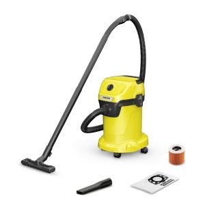 The WD 3 V-19/4/20 is powerful and energy-efficient with power consumption of only 1000 W. The machine as well as the suction hose and the Clips floor nozzle are perfectly matched – for the best cleaning results on dry, wet, fine or coarse dirt. The wet and dry vacuum cleaner impresses with its compact design and a robust 19 l plastic container, 4 m cable, 2 m suction hose and its fleece filter bag. Thanks to the single-piece cartridge filter, it is possible to vacuum both wet and dry dirt without filter replacement. The blower function is useful for cleaning areas that are difficult to access. The hose is stored by hanging it on the machine head, thus saving space. The cable can be stored on the cable hook, tubes and floor nozzles at the bumper. The "Pull & Push" locking system allows the simple opening and closing of the container. The handle of the vacuum cleaner can be removed and the accessory can be connected directly to the suction hose. Also clever: Tools or small parts can be set down on the area on the machine head. The ergonomically shaped carrying handle enables comfortable transport.