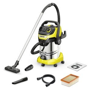 Ultra-powerful suction and outstanding energy efficiency, with a power consumption of just 1300 watts: The WD 6 P S V-30/6/22/T wet and dry vacuum cleaner features a 30-litre stainless steel container, a 6-metre-long cord and a 2.2-metre-long suction hose. The drain screw can be used to conveniently drain fluids that have been vacuumed up. Power tools such as saws or sanders can be connected via the integrated power outlet with automatic on/off switch. The resulting dirt is immediately removed by suction. The rotary switch allows the user to adjust the suction power to meet their needs. The flat pleated filter can be removed by opening the filter box, without having to come into contact with any dirt. What's more, the filter can be cleaned efficiently by pressing the filter cleaning button, thereby restoring full suction power. The blower function is particularly useful when cleaning delicate objects. The removable handle with electrostatic protection allows accessories to be connected directly to the suction hose, which is especially beneficial when vacuuming fine dust. Additional benefits include the fact that the suction hose can be stored compactly by hanging it on the device head, as well as the parking position for the floor nozzle.