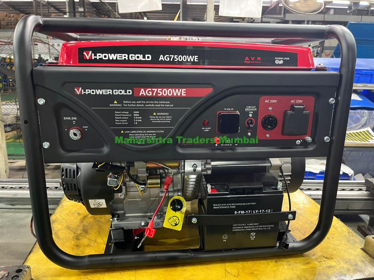 Vi Power Gold Gasoline Generator Ag7500We (7.5Kw) (B-Series} 1 The VI POWER GOLD Gasoline Generator AG7500WE (7.5KW) B-Series is a powerful and efficient generator designed for demanding power requirements. With its robust 7.5KW output and advanced B-Series engineering, this generator is ideal for residential backup, commercial use, and industrial applications. Key Features: High Power Output: Delivers a stable 7.5KW, capable of running heavy-duty appliances, tools, and equipment. B-Series Durability: Built for long-lasting performance with premium materials and enhanced engineering. Fuel-Efficient Engine: Optimized for extended runtime and reduced fuel consumption, making it cost-effective. Portable Design: Equipped with heavy-duty wheels and a foldable handle for easy transport and storage. Low Noise Operation: Engineered for quieter performance, ensuring minimal disruption in residential and outdoor environments. Electric Start: Features an easy-to-use electric start system for quick and hassle-free ignition. Comprehensive Safety Features: Includes overload protection, voltage regulation, and circuit breakers for enhanced safety and reliability. Multi-Purpose Use: Suitable for powering homes, job sites, outdoor events, and construction equipment. The VI POWER GOLD AG7500WE (B-Series) combines power, efficiency, and durability to meet the energy needs of demanding users. Its user-friendly features and robust design make it a reliable choice for heavy-duty applications.