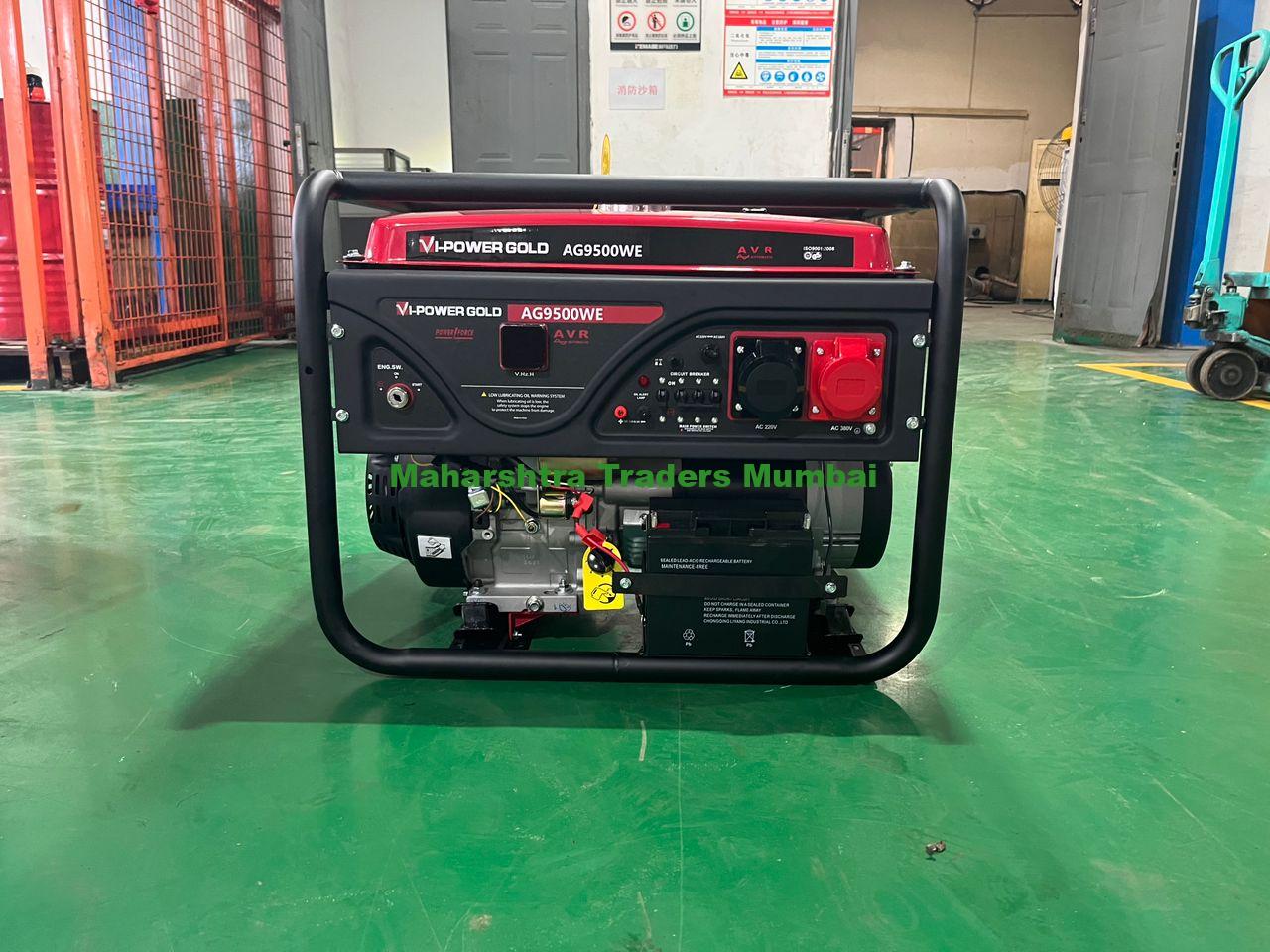 Vi Power Gold Gasoline Generator Ag9500We (9Kw) (1/3P) {B-Series} 1 The VI POWER GOLD Gasoline Generator AG7500WE (7.5KW) B-Series is a premium, high-performance generator designed to meet heavy-duty power demands. Its robust 7.5KW output and advanced B-Series engineering make it the ideal choice for residential, commercial, and industrial applications. Key Features: High Power Output: Provides 7.5KW of stable electricity, perfect for powering large appliances, tools, and equipment. Durable B-Series Design: Built with high-quality materials and cutting-edge technology for long-lasting performance. Fuel-Efficient Gasoline Engine: Ensures extended runtime while minimizing fuel consumption for cost-effective operation. Portable and Sturdy: Features durable wheels and a foldable handle for effortless mobility and storage. Quiet Operation: Designed with noise-dampening technology for quieter performance, suitable for residential use. Electric Start System: Simplifies operation with a user-friendly electric start feature. Safety Features: Equipped with overload protection, voltage regulation, and circuit breakers to safeguard devices and ensure reliable operation. Multi-Purpose Capability: Suitable for home backup, outdoor events, job sites, and industrial equipment. The VI POWER GOLD AG7500WE (B-Series) is the ultimate solution for users seeking a reliable, efficient, and powerful generator. Whether for emergency power or daily operations, this generator delivers exceptional performance with the convenience and durability you need.