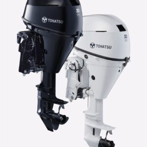 Tohatsu 30 hp 4-Stroke Benefits Versatile and lightest 3 cylinder 30 hp All new sleek design with two color options: Aqua Marine Blue and Beluga White Available in variety of model-types; S, L, ES, EL, ETS, and ETL with Basic Tiller, Multi-function tiller, or Remote control Best in class power-to-weight ratio provides excellent performance for all styles of boats from light weight to heavy weight Advanced cross-flow induction for smooth operation Ultra Low emission, EPA and CARB approved High Performance and Easy Operation Optimized gear ratio 2.17:1 gives you better low end torque and the ability to turn a higher pitch prop for better top end performance Battery-less manual start Electronic Fuel Injection 4-stroke Digital CD ignition system for quicker starts High output 17.5 amp alternator Adjustable steering friction and trim tab for reducing steering effort Manual tilt models are equipped with shallow water drive, 6 tilt positions* Power trim and tilt* Fundamentals for User Convenience and Reliability Built in fresh water flush system on drive shaft housing for easy access No-mess oil filter drip pan located underneath the engine oil filter Tool-free clear fuel filter with floating indicator ring provides detection of water in the fuel system and allows quick and easy service Through-the-prop exhaust for a quieter ride Thermostatically controlled cooling system for consistent engine temperature Stainless steel water pump housing liner for outstanding durability High grade marine aluminum alloy that provides the ultimate protection against corrosion Zinc coating on internal water passages for superior corrosion resistance 25 liter (6.6 gallon) fuel tank including fuel fittings and fuel line Aluminum propeller Warning and Protection Overheat warning (audible and visual) Low oil pressure warning (audible and visual) Safety lanyard (an essential protection feature standard on all Tohatsu outboards) Start-in-gear protection for safer engine starting Over-rev. limiter (audible and visual) *Certain models
