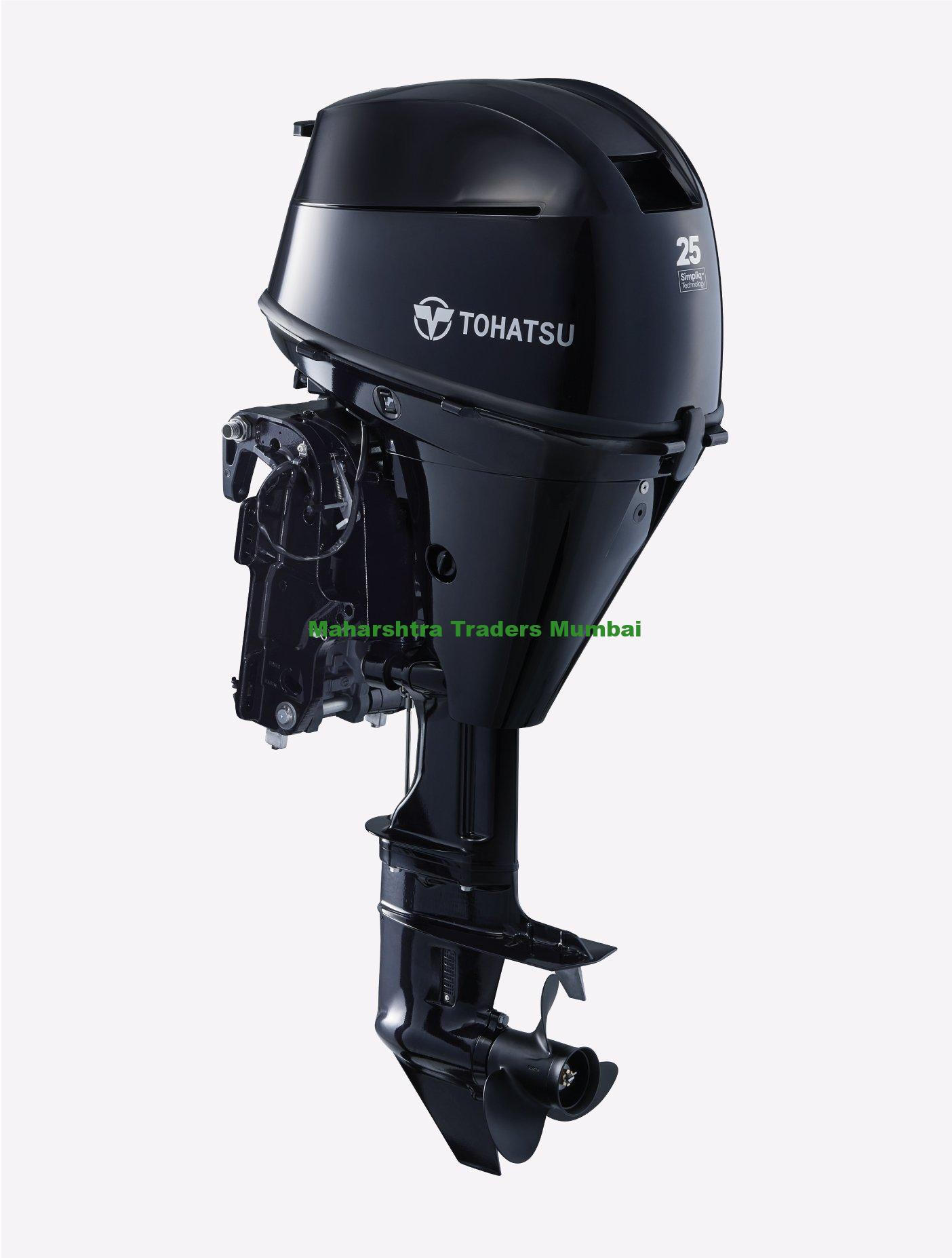 Tohatsu (Japan) Mfs25D Mid Range 4-Stroke 3 Cylinder Outboard Motor 1 Tohatsu 25 hp 4-Stroke Benefits Versatile and lightest 3 cylinder 25 hp All new sleek design Available in variety of model-types; S, L, and ETL with Basic Tiller, Multi-function tiller, or Remote control Best in class power-to-weight ratio provides excellent performance for all styles of boats from light weight to heavy weight Advanced cross-flow induction for smooth operation Ultra Low emission, EPA and CARB approved High Performance and Easy Operation Optimized gear ratio 2.17:1 gives you better low end torque and the ability to turn a higher pitch prop for better top end performance Battery-less manual start Electronic Fuel Injection 4-stroke Digital CD ignition system for quicker starts High output 17.5 amp alternator Adjustable steering friction and trim tab for reducing steering effort Manual tilt models are equipped with shallow water drive, 6 tilt positions* Power trim and tilt* Fundamentals for User Convenience and Reliability Built in fresh water flush system on drive shaft housing for easy access No-mess oil filter drip pan located underneath the engine oil filter Tool-free clear fuel filter with floating indicator ring provides detection of water in the fuel system and allows quick and easy service Through-the-prop exhaust for a quieter ride Thermostatically controlled cooling system for consistent engine temperature Stainless steel water pump housing liner for outstanding durability High grade marine aluminum alloy that provides the ultimate protection against corrosion Zinc coating on internal water passages for superior corrosion resistance 25 liter (6.6 gallon) fuel tank including fuel fittings and fuel line Aluminum propeller Warning and Protection Overheat warning (audible and visual) Low oil pressure warning (audible and visual) Safety lanyard (an essential protection feature standard on all Tohatsu outboards) Start-in-gear protection for safer engine starting Over-rev. limiter (audible and visual)