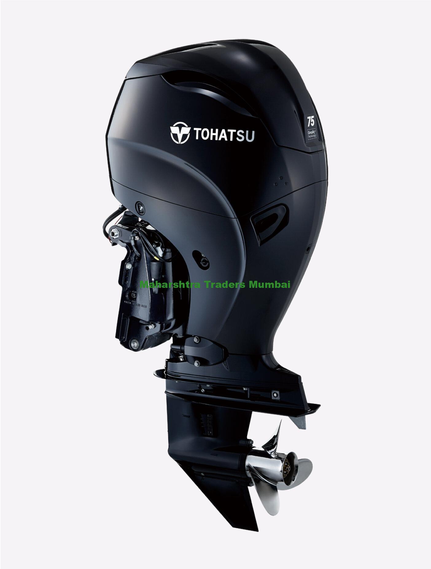 Tohatsu (Japan) Mfs75A Mid Range 4-Stroke 4 Cylinder Outboard Motor 1 Tohatsu 75 hp 4-Stroke Benefits Dynamic design with sophisticated details Click Here Exhilarating boating performance Superior durability & optimized weight Outstanding fuel economy from unique SOHC-4V design Performance-inspired engine sound and the most quiet at idle Fine-tuned ECU Programming Available in long (20”) shaft lengths High Performance and Easy Operation 4-2-1 Performance Tuned Exhaust generates high torque to get you on plane quicker Fine-tuned ECU provides the strong acceleration when needed Electronic Fuel Injection MicroComputer Programmed ignition system for quicker starts High output 41 amp alternator New and improved gear case with wider splash plate and anti-ventilation plate Adjustable steering friction and trim tab for reducing steering effort Power Trim and Tilt Fundamentals for User Convenience and Reliability Sheet Molding Compound (SMC) cowlings for durability Anodized major aluminum components for greater corrosion resistance Oil catch tray underneath the oil filter for cleaner oil filter changes Easily accessible and removable fuel filter allows simple and quick water draining More than 16 sacrificial anodes strategically placed throughout all major components Through the prop exhaust for a quieter operation Built-in freshwater flushing system for easy routine flushing Variable idling speed control from 650 to 850 RPMs at 5-steps A camshaft-driven trochoid oil pump ensures long-term durability of critical engine components Stainless steel water pump housing liner for outstanding durability Warning & Protection Low oil pressure warning (visual and audible) Overheat warning (audible) Start-in-gear protection for safer engine starting Safety lanyard (an essential protection feature standard on all Tohatsu outboards) Over-rev. limiter
