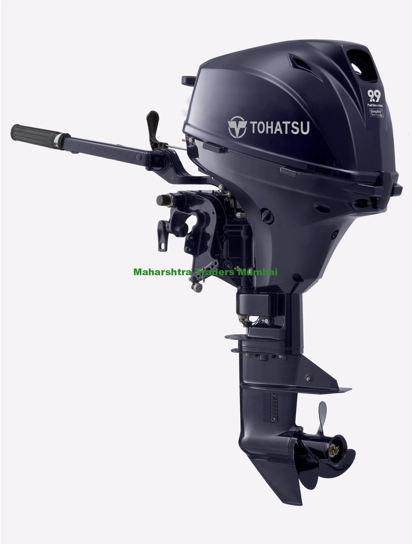 Tohatsu (Japan) Mfs9.9E Portable 4 Stroke 2 Cylinder Outboard Motor 1 Tohatsu 9.9 hp EFI 4-Stroke Benefits Battery-less Electronic Fuel Injection (EFI) operation Light and compact Advanced EFI for smooth operation, easier starting and increased fuel efficiency “Light Weight ECO Sport” development and design concept Simpliq™ Technology - the result of continuous technological innovation fueled by the pursuit of nothing less than the very best Designed with innovative technology Available in a wide variety of models Canister style oil filter for easy replacement A high quality, user-friendly fuel water separator Greatly reduced vibration for a smoother and quieter ride Ultra Low emission, EPA and CARB 3-Star rating approved High Performance and Easy Operation Digital Electronic Control Unit (ECU) for immediate engine starting in all conditions, quicker throttle response and smoother trolling Battery-less EFI with recoil starter on all models Outboard is easier to lift and tilt into shallow drive because we’ve moved heavy components forward Large alternator and rectifier for superior battery charging* Multi-Function Tiller Handle: Stop Switch, Front Shift, Friction Adjusting Screw and Power Tilt Switch (PTS: on power tilt models only) integrated into the tiller handle for convenience Remote control model available Power Tilt Models come standard with high thrust 4-blade propeller Shallow water drive* 90 degree turning radius Adjustable steering friction for reducing steering effort* Fundamentals for User Convenience and Reliability Through-the-prop exhaust for a quieter ride Thermostatically controlled cooling system for consistent engine temperature Stainless steel water pump housing liner for outstanding durability High grade marine aluminum alloy that provides the ultimate protection against corrosion Zinc coating on internal water passages for superior corrosion resistance 3.1 Gallon (12 liter) fuel tank includes fuel fittings and fuel line with fuel gauge on the cap Aluminum propeller Warning and Protection Low oil pressure warning (visual and audible**) Safety lanyard (an essential protection feature standard on all Tohatsu outboards) Start-in-gear protection for safer engine starting Over-rev. limiter