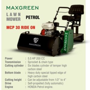 Petrol Lawn Mower MCP 30 Ride-On, Maxgreen ride-on lawn mower India, heavy-duty petrol grass cutter, 30-inch cutting deck ride-on mower, professional lawn mower for large areas, commercial ride-on grass cutter, petrol engine lawn tractor, garden ride-on mower for farms, MCP 30 ride-on mower price in India, petrol powered lawn tractor, golf course grass cutting machine, ride-on mower for parks and resorts, Maxgreen MCP 30 specifications, best ride-on mower in India, easy-to-drive petrol mower, high-performance ride-on grass cutter, tractor-style lawn mower, durable ride-on mower with large fuel tank, MCP 30 for sports grounds, smooth steering ride-on mower, zero-turn ride-on mower alternative, Maxgreen ride-on mower dealer in Mumbai, long-life petrol lawn mower, powerful ride-on garden mower, comfortable seat ride-on mower.