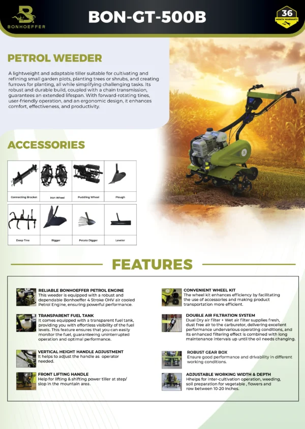 Bonhoeffer BON-GT-500B power weeder, Bonhoeffer 500cc petrol power weeder, heavy duty rotary tiller India, Bonhoeffer cultivator machine, petrol operated power weeder, Bonhoeffer agriculture tiller, multipurpose farm power weeder, Bonhoeffer inter cultivation machine, best power weeder for farmers India, Bonhoeffer rotary tiller 500cc, Bonhoeffer soil preparation machine