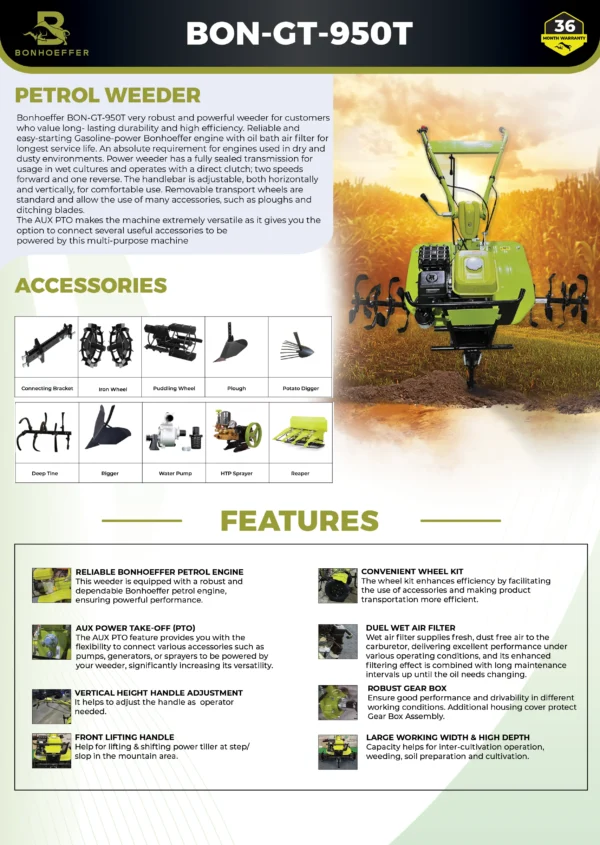 Bonhoeffer BON-GT-950T power weeder, Bonhoeffer 9.5HP petrol weeder, Bonhoeffer rotary tiller India, Bonhoeffer agriculture cultivator machine, petrol operated power weeder, Bonhoeffer interculture machine, best power weeder for farming India, heavy duty petrol tiller, Bonhoeffer soil preparation equipment, Bonhoeffer 9.5HP agriculture machine