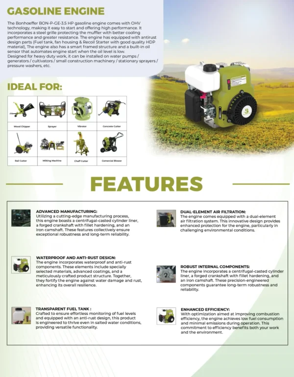 Bonhoeffer petrol engine, 3.5 HP petrol engine, air-cooled petrol engine, single-cylinder engine, 4-stroke petrol engine, petrol engine for agriculture, petrol engine for water pump, petrol engine for generator, multipurpose petrol engine, best petrol engine in India, durable petrol engine, compact petrol engine, high power petrol engine