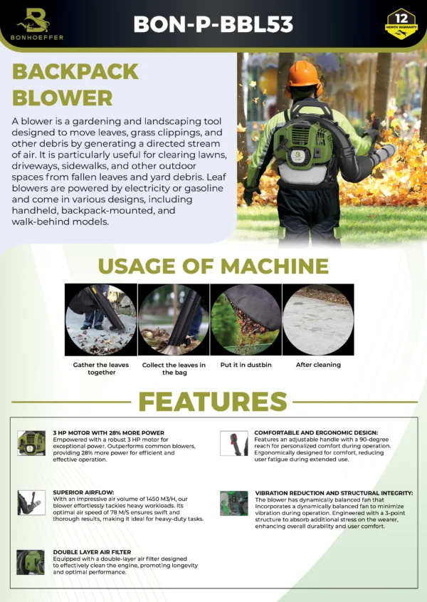 Bonhoeffer BBL53 blower, 3 HP backpack blower, petrol backpack blower India, heavy duty blower, 1450 m³/h blower, 78 m/s air speed blower, agricultural leaf blower, lawn cleanup blower, Easy Start blower, industrial landscaping blower