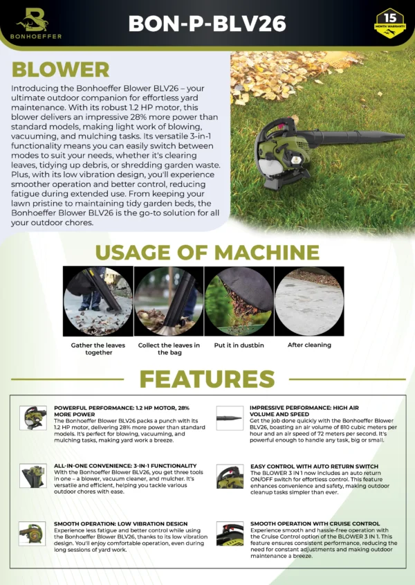 Bonhoeffer BLV26 blower, petrol blower vacuum mulcher, 3-in-1 garden machine, 25.4 cc blower vacuum, garden debris collector, high power garden blower, mulcher vacuum blower India, Bonhoeffer multi tool, leaf blower vacuum mulcher, petrol yard cleaner machine
