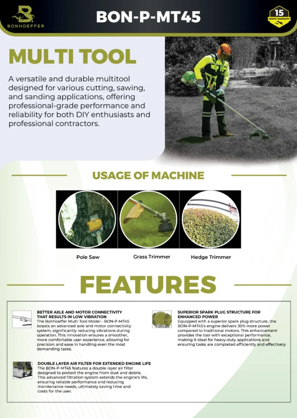 BON-P-MT45, Bonhoeffer Multi Tool, petrol brush cutter combo, 44.8cc multi tool India, garden & farm machine, agricultural tools petrol, chainsaw trimmer cutter