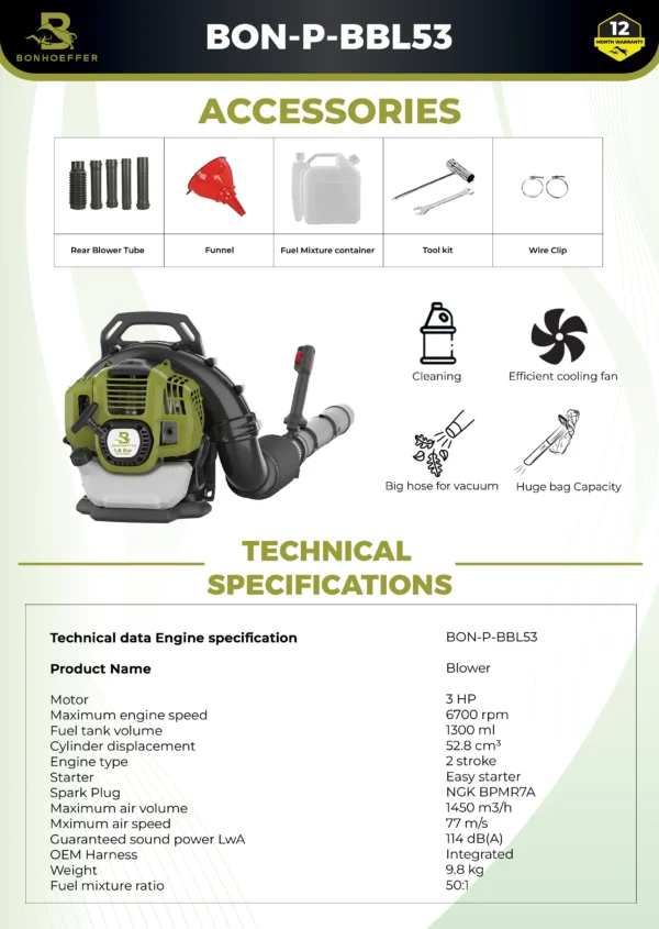 Bonhoeffer BBL53 blower, 3 HP backpack blower, petrol backpack blower India, heavy duty blower, 1450 m³/h blower, 78 m/s air speed blower, agricultural leaf blower, lawn cleanup blower, Easy Start blower, industrial landscaping blower