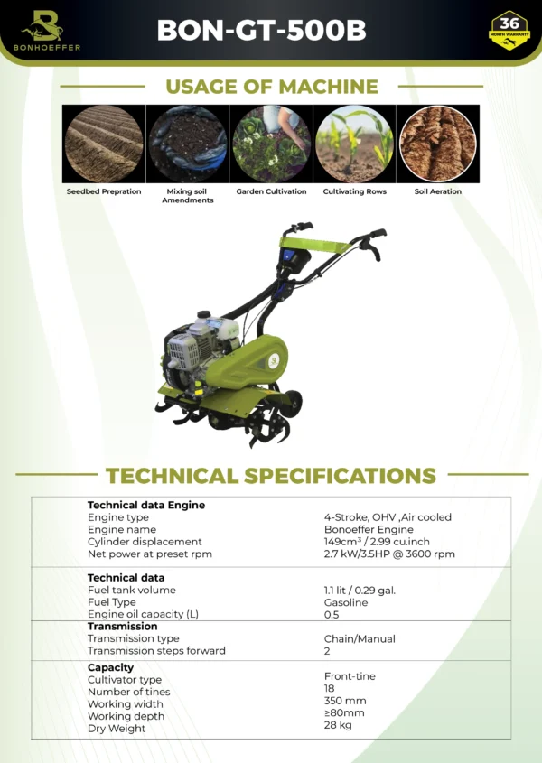Bonhoeffer BON-GT-500B power weeder, Bonhoeffer 500cc petrol power weeder, heavy duty rotary tiller India, Bonhoeffer cultivator machine, petrol operated power weeder, Bonhoeffer agriculture tiller, multipurpose farm power weeder, Bonhoeffer inter cultivation machine, best power weeder for farmers India, Bonhoeffer rotary tiller 500cc, Bonhoeffer soil preparation machine