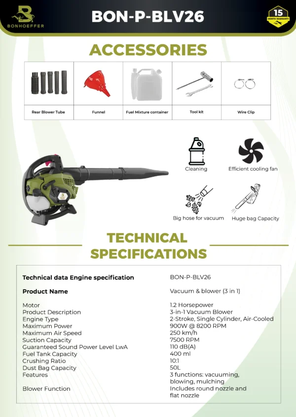 Bonhoeffer BLV26 blower, petrol blower vacuum mulcher, 3-in-1 garden machine, 25.4 cc blower vacuum, garden debris collector, high power garden blower, mulcher vacuum blower India, Bonhoeffer multi tool, leaf blower vacuum mulcher, petrol yard cleaner machine