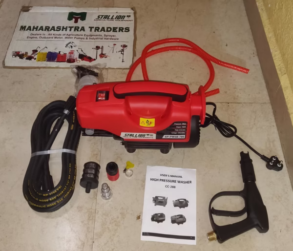 Stallion SP-PWSB-700 High Pressure Washer 2300W with accessories – hose, spray gun, and detergent bottle – available at Maharashtra Traders Mumbai
