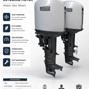 Electric Outboard Motor product display for WooCommerce featuring dual high-performance marine motors with modern clean design, silent eco-friendly boating technology, customizable electric propulsion system, battery-powered outboard engine setup, commercial and fishing boat application, durable marine-grade construction, and Maharashtra Traders Mumbai contact branding.