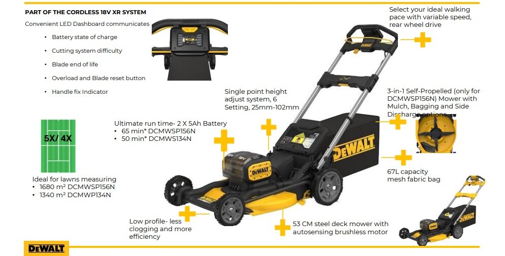 Dewalt Brushless Push Lawn Mover Dcmws134N-Xj 1 Self-Propelled Lawn Mower DCMWSP156N ,DEWALT Brushless Push Lawn Mover,DEWALT Brushless Push Lawn Mower, DEWALT DCMWS134N-XJ, Cordless Lawn Mower, Battery Lawn Mower, Brushless Lawn Mower, DEWALT Lawn Mower India, Battery Se Chalne Wala Lawn Mower, Cordless Ghaas Kaatne Ki Machine, DEWALT Grass Cutting Machine, Push Lawn Mower India