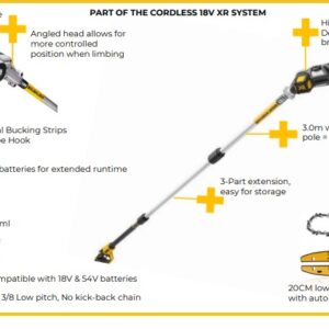 DEWALT Cordless 18V Pole Saw DCMPS567N-XJ, DEWALT Pole Saw, Brushless Pole Saw, Cordless Pole Chainsaw, 18V XR Pole Saw, DEWALT Pole Saw India, Cordless Tree Pruner India, Battery Pole Saw India, Ped Katne Ki Machine, Battery Tree Cutting Saw