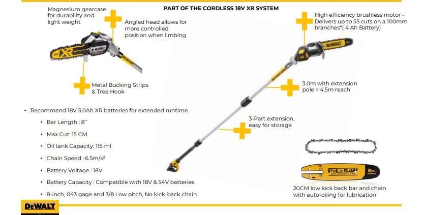 Dewalt Cordless 18V Pole Saw Dcmps567N-Xj Brushless 1 DEWALT Cordless 18V Pole Saw DCMPS567N-XJ, DEWALT Pole Saw, Brushless Pole Saw, Cordless Pole Chainsaw, 18V XR Pole Saw, DEWALT Pole Saw India, Cordless Tree Pruner India, Battery Pole Saw India, Ped Katne Ki Machine, Battery Tree Cutting Saw