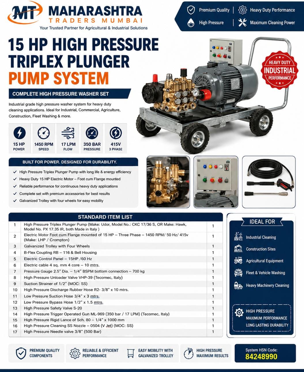 15 Hp High Pressure Washer With Triplex Plunger Pump β 350 Bar, 17 Lpm, 3 Phase 2 15 HP High Pressure Washer with Triplex Plunger Pump β 350 Bar, 17 LPM, 3 Phase - Image 2