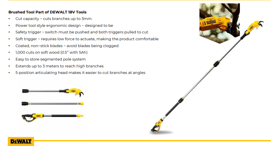 Dewalt Cordless 18V Pole Pruner Dcmpp569N-Xj 1 Cordless 18V Pole Pruner DCMPP569N-XJ, DEWALT Pole Pruner, DEWALT DCMPP569N-XJ, Cordless Pole Tree Pruner, Battery Pole Pruner, Pole Pruner India, Battery Ped Chhantne Ki Machine, Cordless Tree Pruner India, Orchard Pole Pruner, DEWALT Garden Pole Pruner