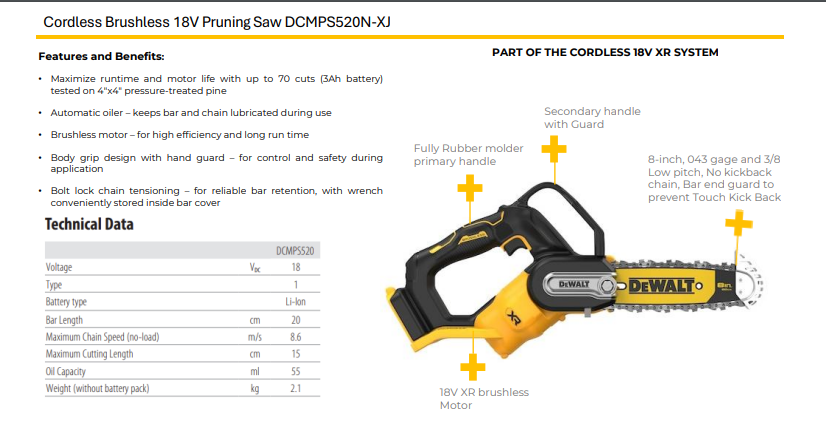Dewalt Cordless Pruning Saw 18V Brushless Dcmps520N-Xj 1 DEWALT Cordless Pruning Saw 18V, DEWALT DCMPS520N-XJ, Brushless Pruning Saw, Cordless Tree Pruning Saw, Battery Powered Pruning Saw, DEWALT Pruning Saw India, Battery Tree Cutting Saw, Cordless Ped Katne Ki Machine, Battery Branch Cutter India, DEWALT 18V Tree Saw